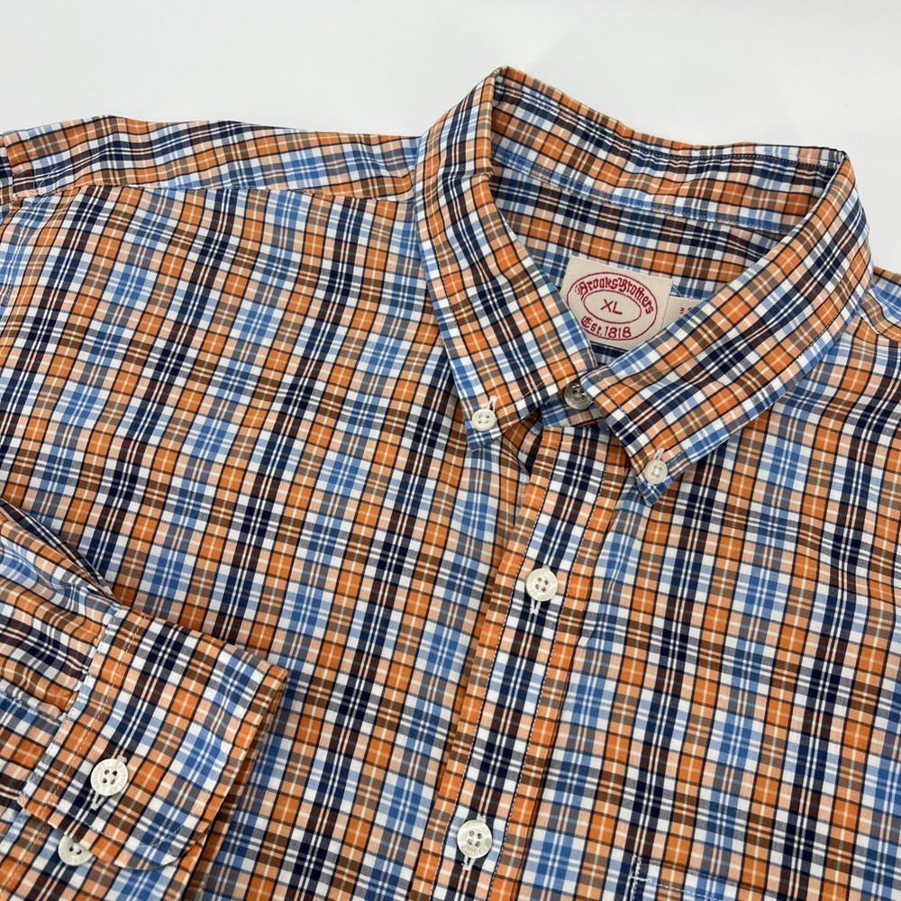 Brooks Brothers Dress Shirt Men's Size XL Orange Blue Plaid Long Sleeve